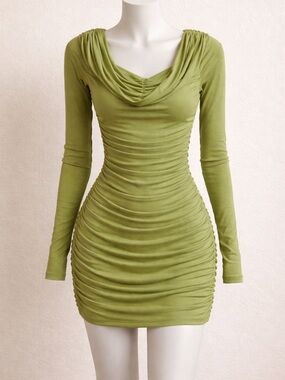 Green Ruched Cowl Neck Bodycon Dress